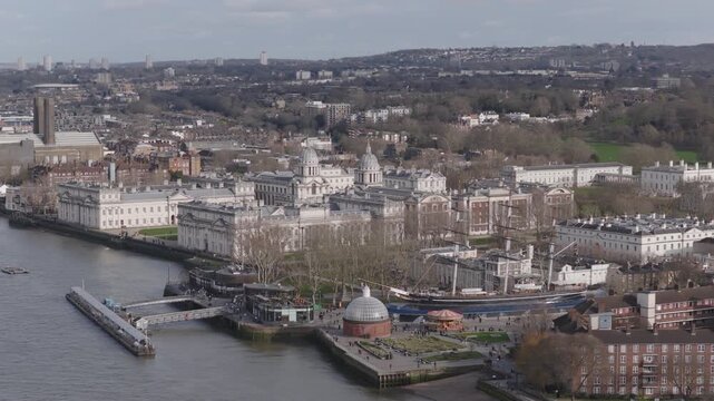 Aerial view of Greenwich in London, with the Old Royal Naval College and Cutty Sark