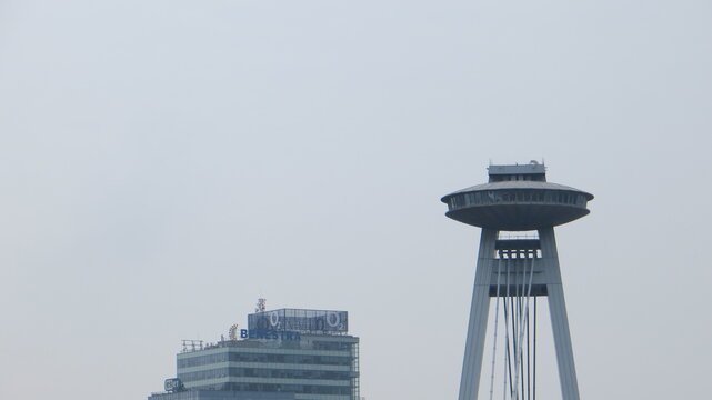 Bratislava / Slovakia - October 7, 2015: View to the moderne bridge with observation deck called UFO in Bratislava, Slovakia.