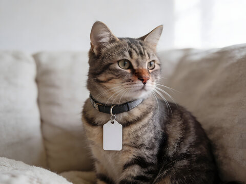 Cute tabby cat wearing collar with blank silver name tag sitting on sofa
