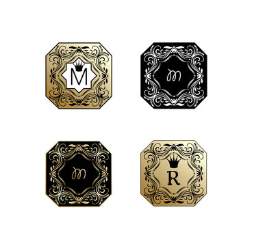 Luxury vintage gold, black and white monogram or label set
