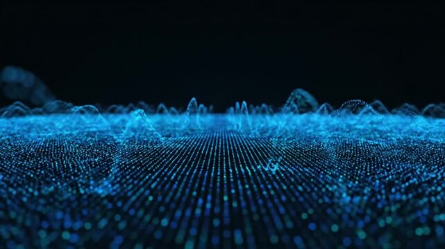 Abstract blue digital wave pattern with glowing particles on a dark background, representing data visualization and sound frequency