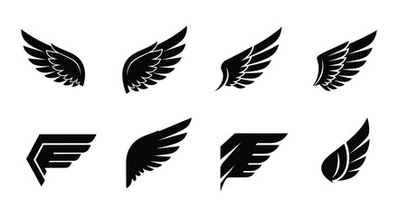Fototapeta premium Collection of black wing designs and feather illustrations on white background