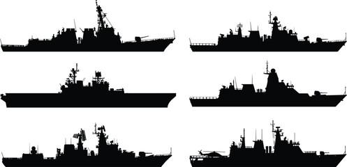 Set of modern military warship silhouettes including destroyer and frigate vessels, detailed navy fleet vector illustration isolated on white background, maritime defense theme. © Shahariar's World