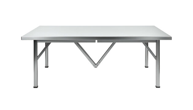 A white rectangular folding table with silver legs, viewed straight on, against a black background
