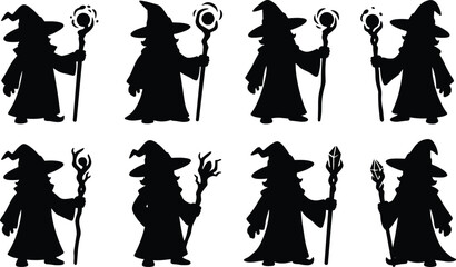 Wizard silhouettes collection with magic staff and hat, fantasy sorcerer character vector illustration isolated on white background, mystical mage set design. © Shahariar's World