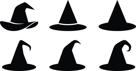 Witch hat silhouette collection featuring classic Halloween magic hats in various shapes isolated on white background, spooky costume illustration set for festive design projects. © Shahariar's World