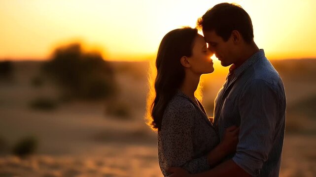 Couple sharing affection in the desert at sunset, faceless cinematic romance, golden light, with copy space