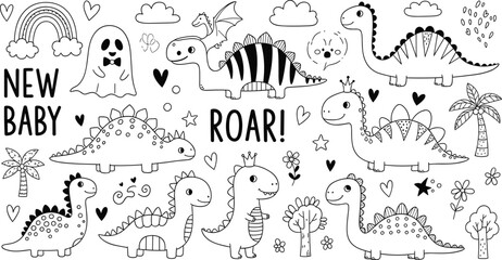 Cute Baby Dinosaur Doodle Set with Hand Drawn Outline Vector © Garun Creative