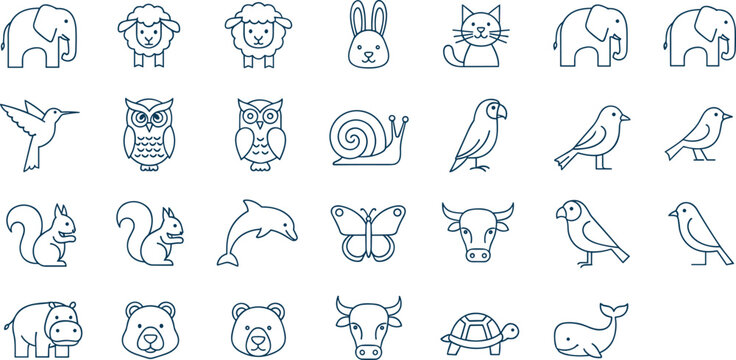 Cute Animal Outline Icons Collection Simple Line Art Vector Set