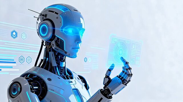 Futuristic humanoid robot interacting with holographic interface