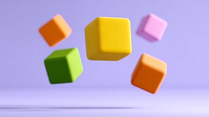 Colorful plastic building blocks in various shapes and colors floating against a soft purple background, ideal for children's educational materials and toys