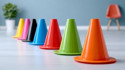 Colorful traffic cones arranged in a row on a light wooden floor with a green plant and a modern chair in the background