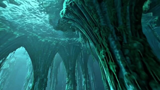 Deep blue underwater cave with sunlight filtering through water