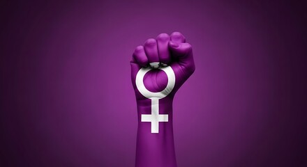 A clenched fist, painted with a gender symbol, raised against a purple backdrop