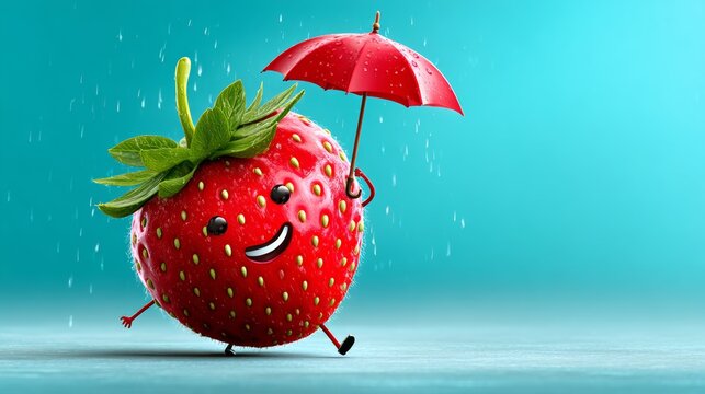 Cartoon strawberry character holding a red umbrella while walking in the rain against a bright blue background with raindrops falling