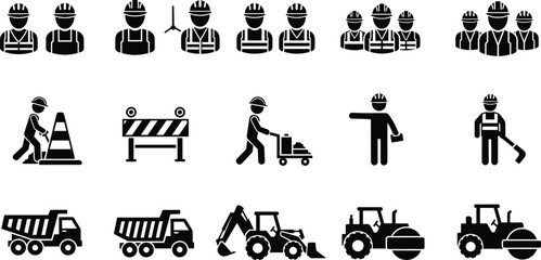Construction worker icons set, engineer builder contractor silhouettes, heavy equipment trucks roller excavator, roadwork signs, industrial labor, vector illustration collection © Hanif World
