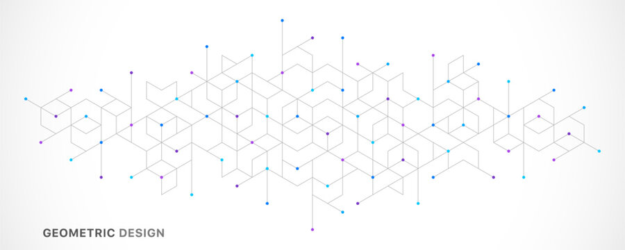 Abstract geometric 3D cube structure with connected lines and dots on white background. Concept of digital technology, blockchain, data visualization, architecture, innovation and modern design