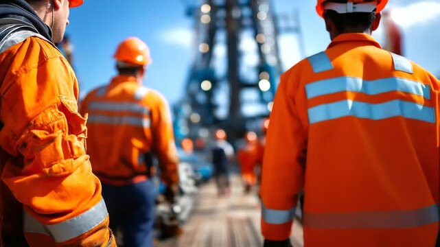Defocused busy oil rig scene with workers in orange safety gear, blurred figures surrounded by equipment and machinery, clear blue sky, with copy space