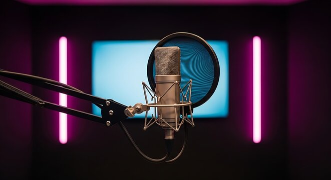A close-up of a studio microphone with a pop filter in a recording studio setting