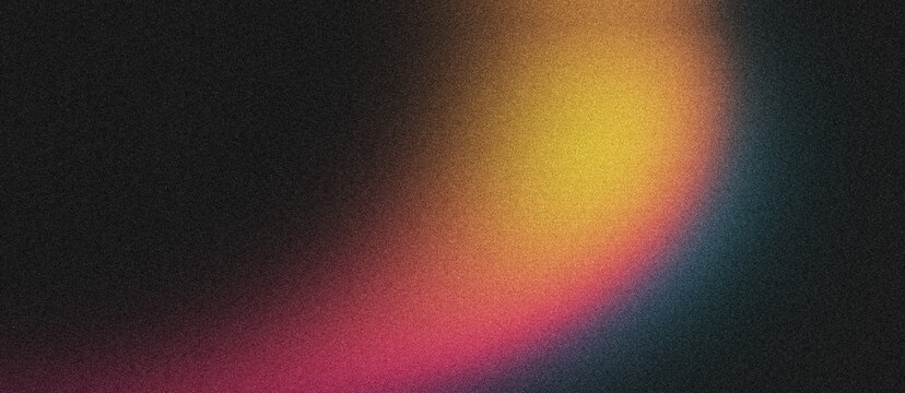 Vibrant gradient of magenta pink yellow bright glowing light on black background with grain noise texture, creating a modern, dynamic, and energetic visual effect for digital designs.