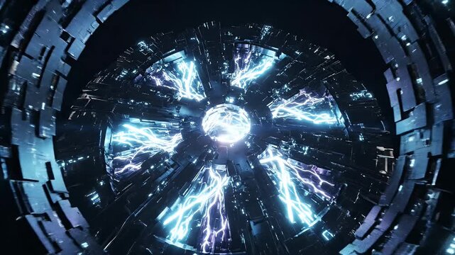 Abstract Futuristic Technology Core - A view looking through a cylindrical, futuristic mechanical structure, with a bright, energetic core of blue light and electrical arcs.