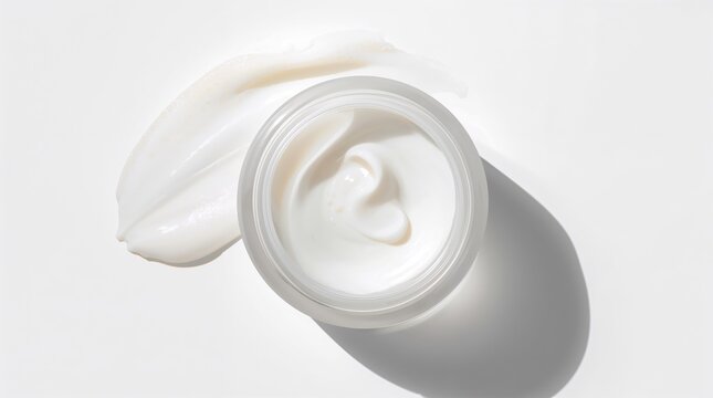 Top view of moisturizing face cream in a glass jar with a soft cream smear on white background