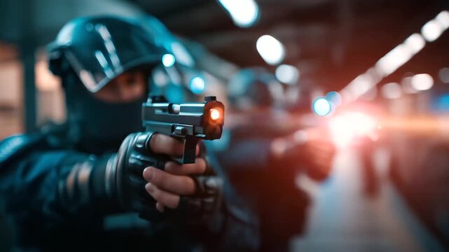 Defocused futuristic officers aiming weapons in dimly lit industrial corridor, blurred science fiction law enforcement, cyberpunk security scene, dystopian atmosphere, with copy sp