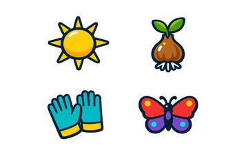 Fototapeta premium A set of four gardening and nature icons featuring a bright yellow sun, a sprouting plant bulb, teal garden gloves, and a colorful butterfly on a solid black background.