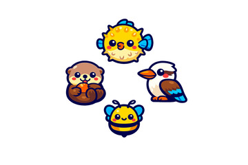 Fototapeta premium A collection of four cute cartoon animal icons including a yellow pufferfish, a brown otter holding a shell, a kookaburra bird, and a bumblebee on a black background.