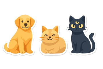 Obraz premium Three cute pet stickers featuring a golden retriever dog, a smiling ginger cat, and a black cat with a crescent moon mark, all set against a solid black background with white outlines.