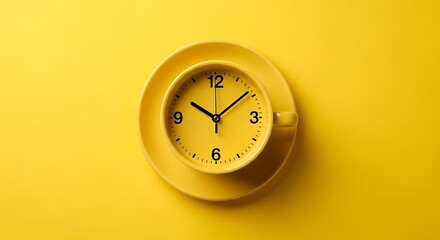 A conceptual yellow coffee cup on saucer with clock face, on matching background