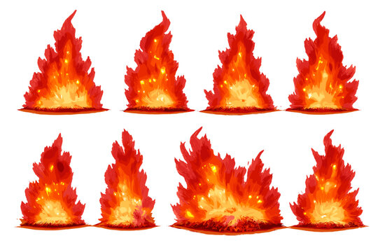 Eight digital illustrations of fiery explosions and burning flames, showing bright yellow cores and red wispy edges, suitable for video game assets and visual effects.