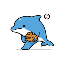 Naklejka premium Cute cartoon dolphin playing baseball with a mitt and ball.
