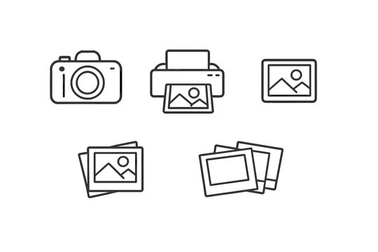 A collection of minimalist white line icons representing photography, including a camera, a printer, and various photo frames, displayed on a solid black background.