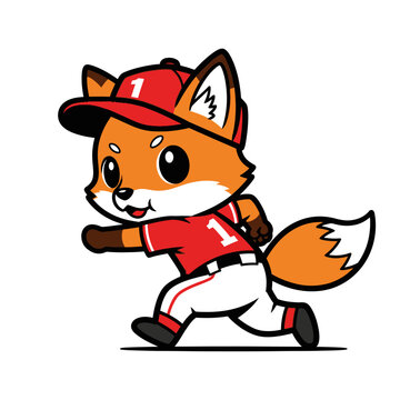Cute cartoon fox character wearing a baseball uniform and cap.