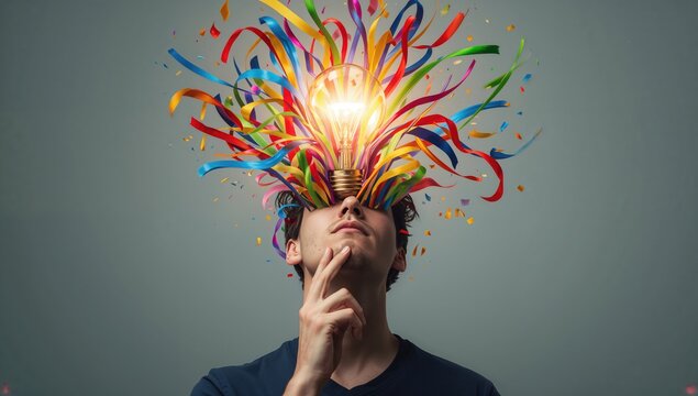 Surreal portrait of a thoughtful young man with a glowing light bulb and colorful ribbons exploding from his head