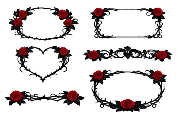 A collection of gothic decorative frames and borders featuring vibrant red roses and intricate black thorny vines set against a solid black background for a dark romantic aesthetic. © Mark
