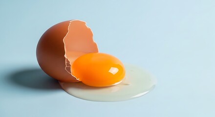 A cracked brown egg with yolk spilling onto a light blue surface