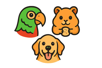 A collection of three cartoon mascot heads featuring a green parrot, an orange hamster holding a seed, and a smiling golden retriever dog, all set against a solid black background.