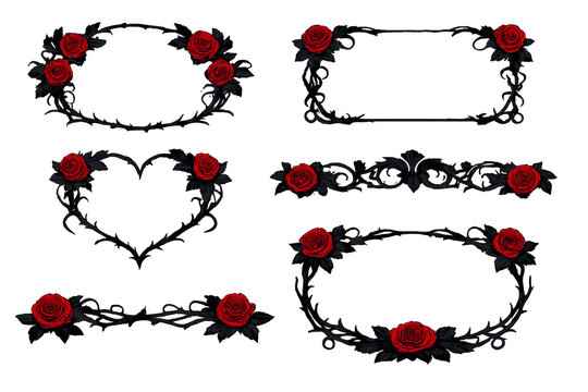 A collection of gothic decorative frames and borders featuring vibrant red roses and intricate black thorny vines set against a solid black background for a dark romantic aesthetic.