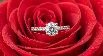 A diamond ring rests on the velvety petals of a water-droplet-covered red rose