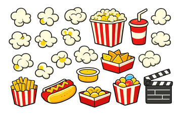 A collection of cartoon movie theater snacks including popcorn, a hot dog, nachos, soda, and french fries, alongside a film clapperboard, all set against a black background.