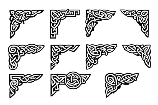 A collection of eleven white Celtic knot corner designs featuring intricate interlaced patterns and tribal motifs, set against a solid black background for decorative use.