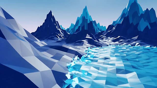 Abstract Low Poly Blue Landscape with Ocean - This stock video shows a digital video of an abstract, low poly landscape.