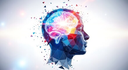 A digital human head silhouette, fragmented, revealing a glowing brain