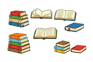 A collection of colorful hand-drawn book illustrations featuring stacks of books and open volumes with pages visible, set against a solid black background for a clean look.