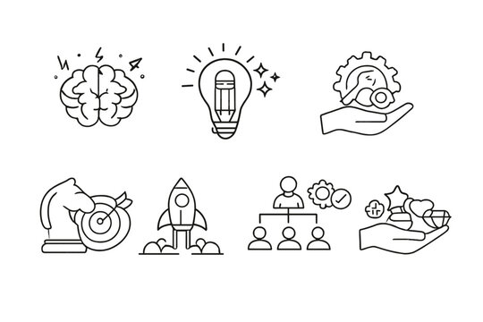 Seven white minimalist line art icons on a black background depicting business themes such as brainstorming, creative ideas, technical support, goal setting, and team management.