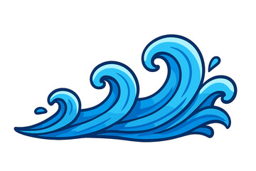 A stylized illustration of blue ocean waves curling and splashing against a solid black background. The waves feature bold outlines and various shades of blue for a dynamic look.