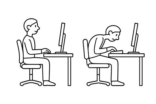 A black and white line drawing comparing good and bad sitting posture at a computer desk. One person sits upright while the other slouches over a keyboard and monitor.