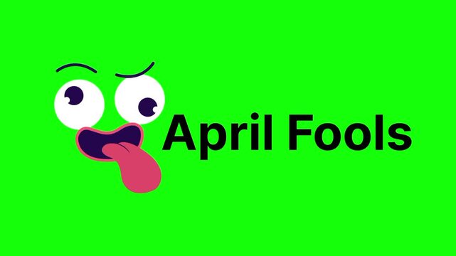 April Fools Day text animation concept with silly pranked face vector icon symbol popup. Animated black word design, editable lettering motion graphic video template with green screen background.